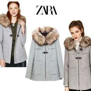 Zara Gray Duffle faux fur Hooded Winter Coat jacket Sz S
